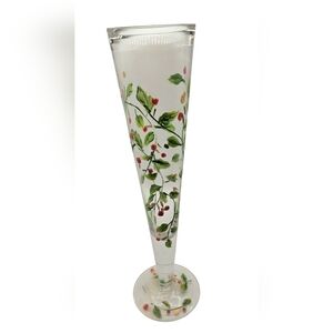 Vintage Tall Crystal Handmade Painted Glass Vase W/Green Red Floral Design 11"